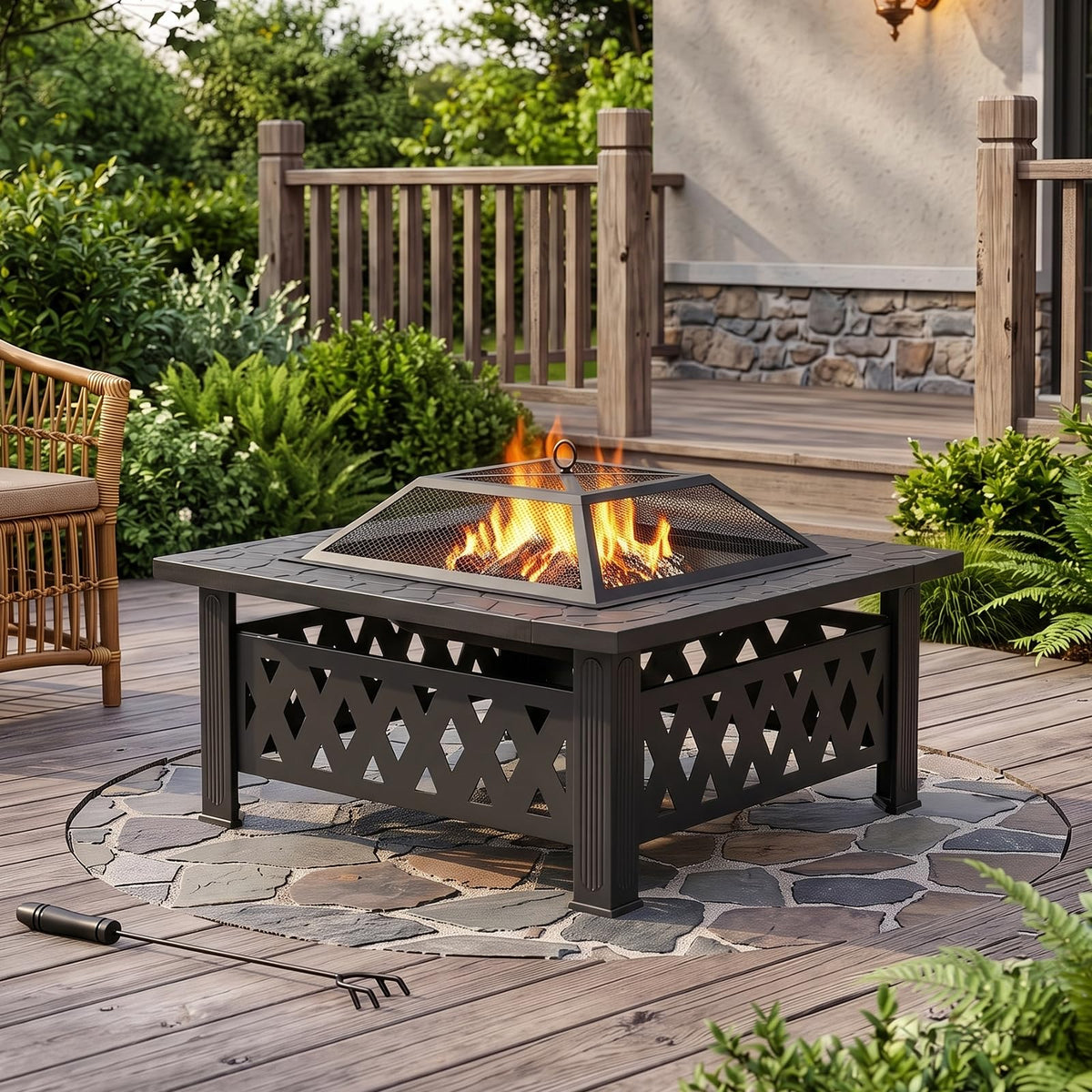 32 Inch Square Wood Burning Fire Pit Table with Spark Screen Lid and Fire Poker R170