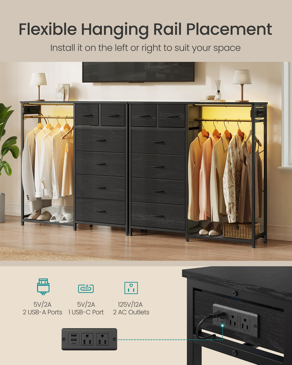 Dresser with Hanging Rod, Closet Organizer with 6 Fabric Drawers U8256