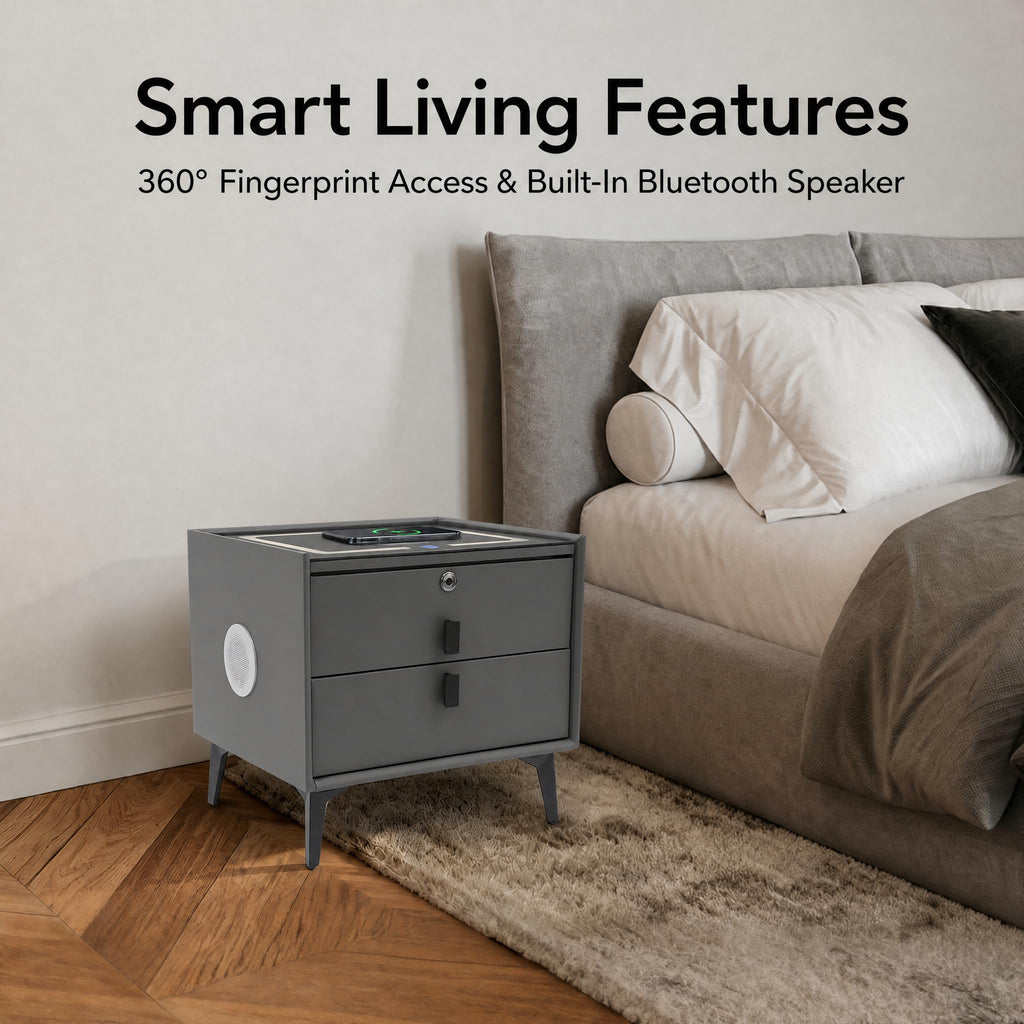 Nightstand with Charging Station, 2 Drawers, Fingerprint Lock, LED Light I398