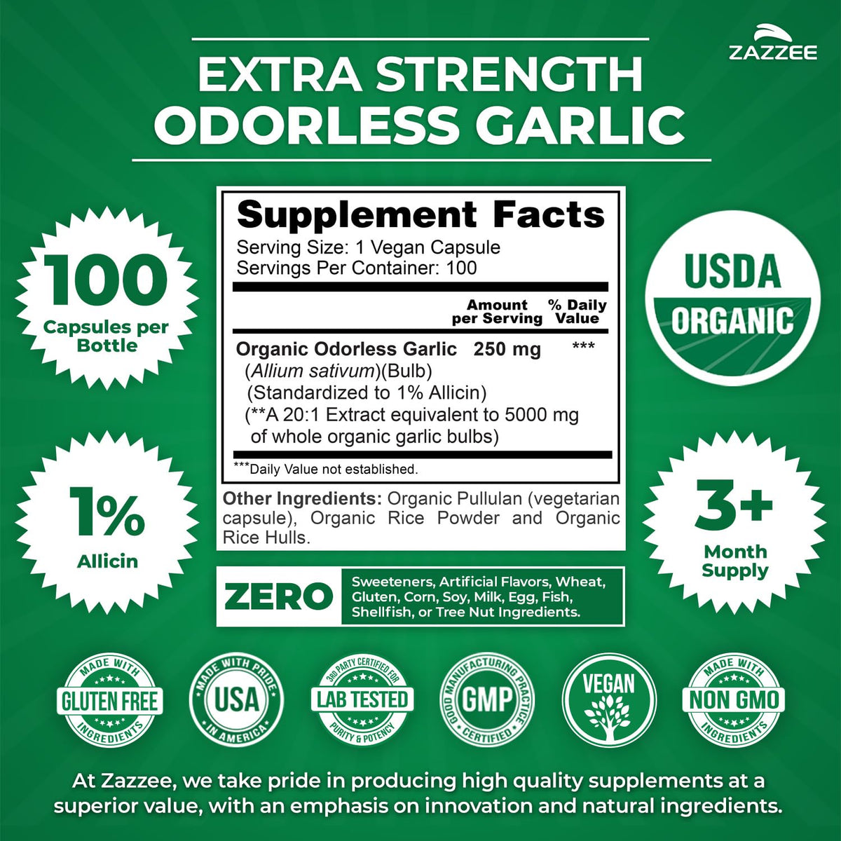 USDA Organic Odorless Garlic 20:1 Extract 100 Capsules O749393