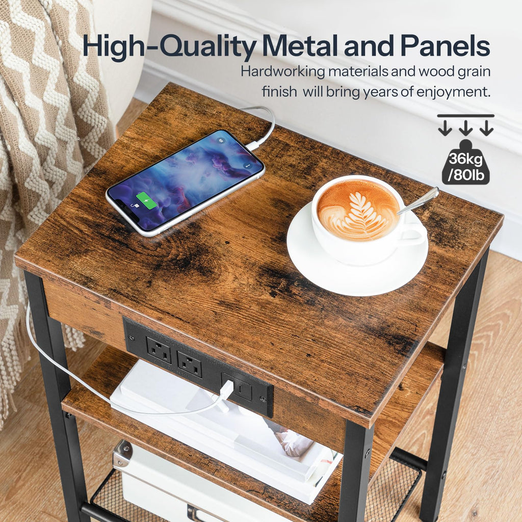 Side Table with Charging Station and USB Port, 3-Tier Nightstand with Adjustable Shelf, Rustic Brown Z11760