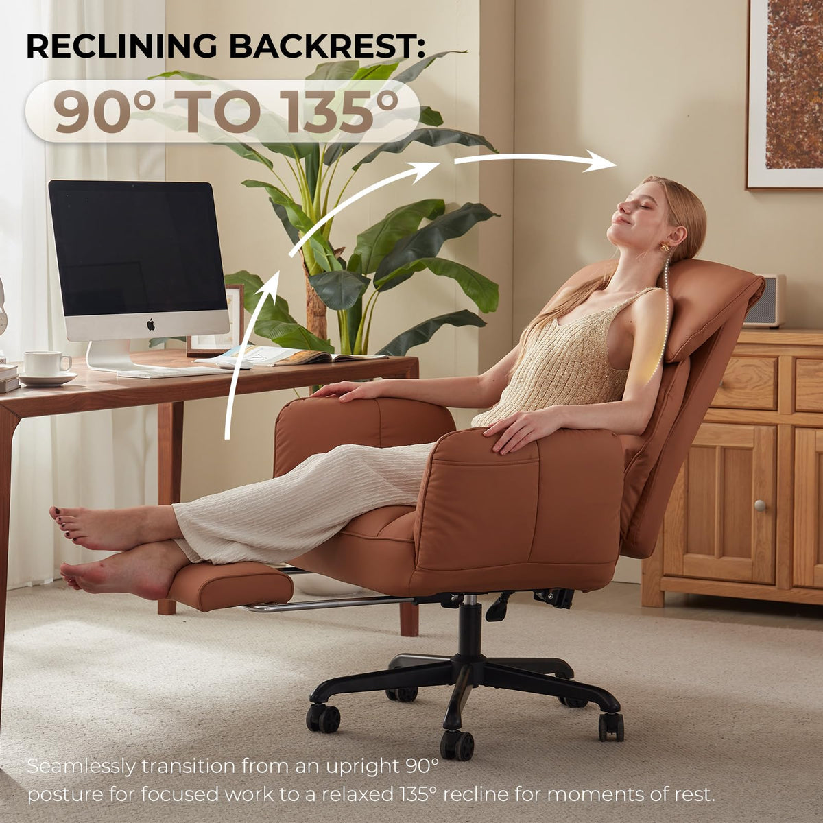 Brown Cross Legged Office Chair with Footrest and Metal Base L9367