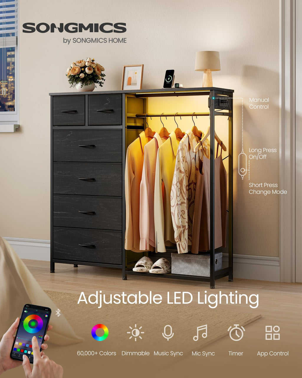 Dresser with Hanging Rod, Closet Organizer with 6 Fabric Drawers U8256