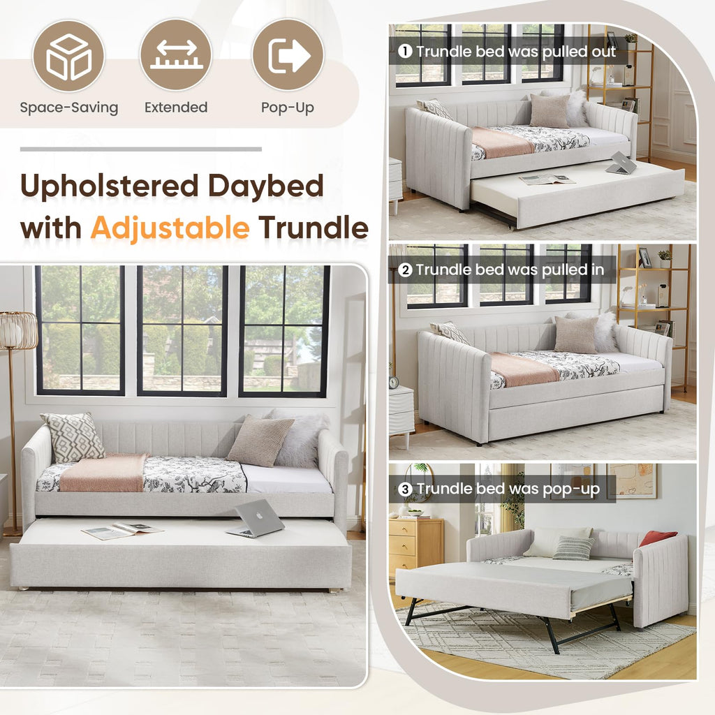 Beige Linen Twin Size Daybed with Pop Up Trundle P9678