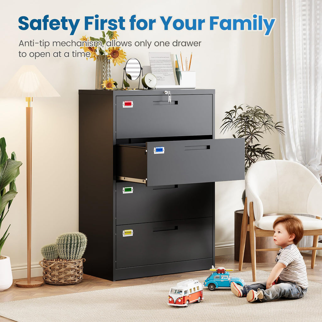 4 Drawer File Cabinet with Lock, Black V1563