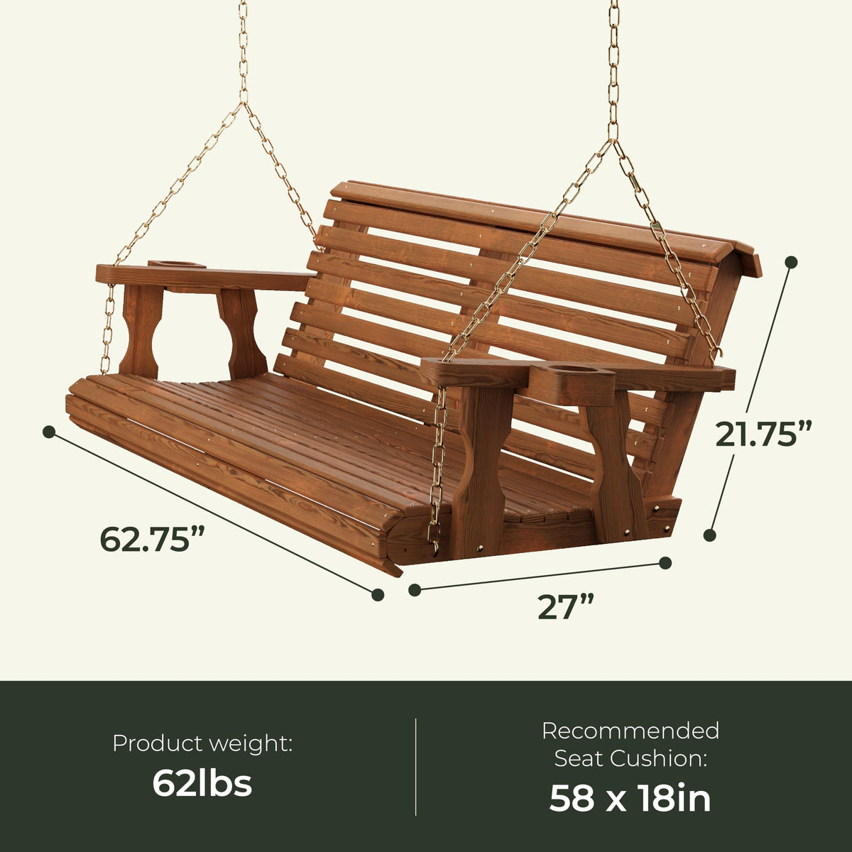 Heavy Duty 700 Lb Capacity Porch Swing with Cup Holders, 5 Foot J5744