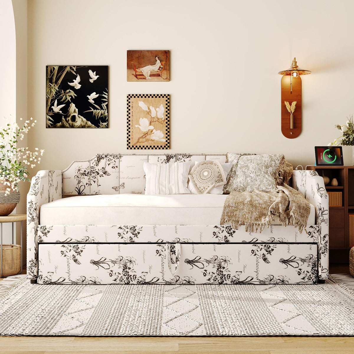 Twin Size Linen Upholstered Daybed with Trundle U948274