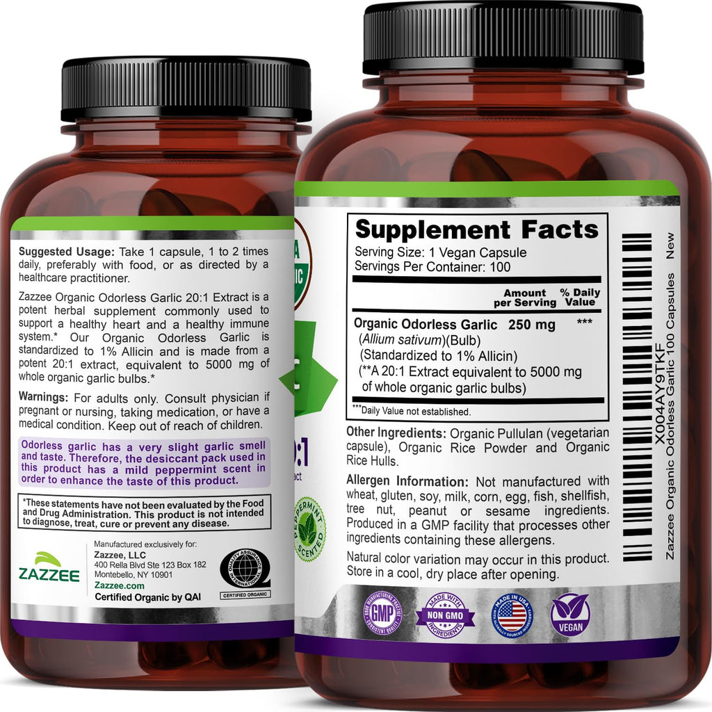 USDA Organic Odorless Garlic 20:1 Extract 100 Capsules O749393