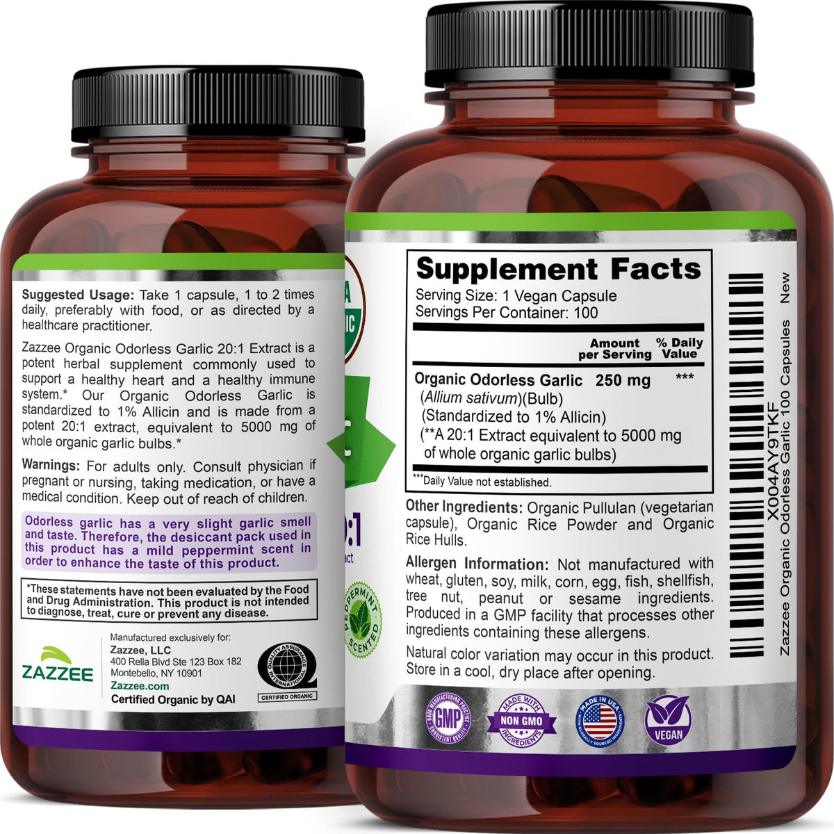 USDA Organic Odorless Garlic 20:1 Extract 100 Capsules O749393