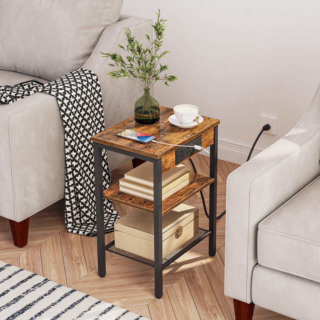 Side Table with Charging Station and USB Port, 3-Tier Nightstand with Adjustable Shelf, Rustic Brown Z11760
