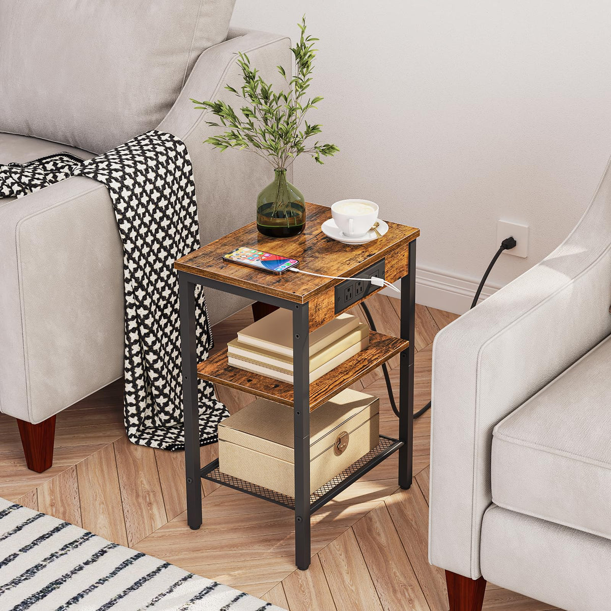 Side Table with Charging Station and USB Port, 3-Tier Nightstand with Adjustable Shelf, Rustic Brown Z11760