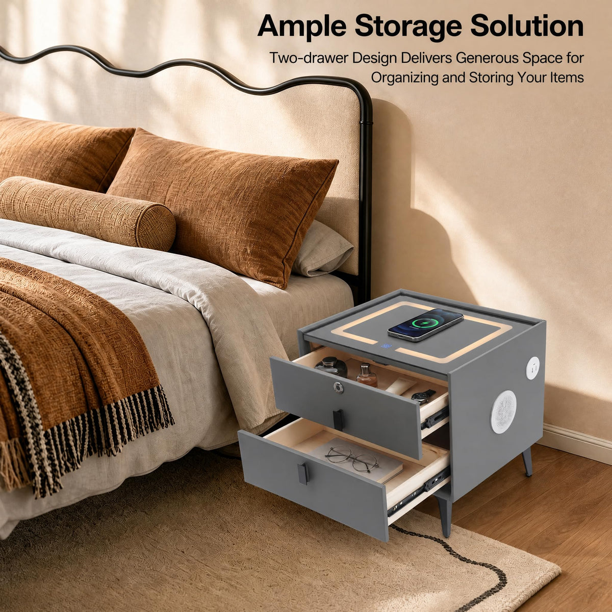 Nightstand with Charging Station, 2 Drawers, Fingerprint Lock, LED Light I398