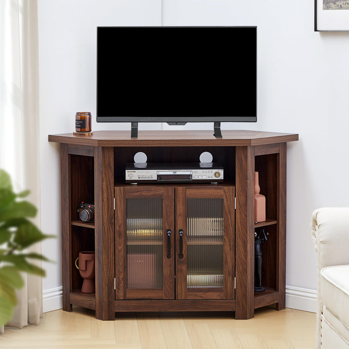 Corner TV Stand for TVs up to 48 Inch with Storage Shelves and 2 Doors N28191