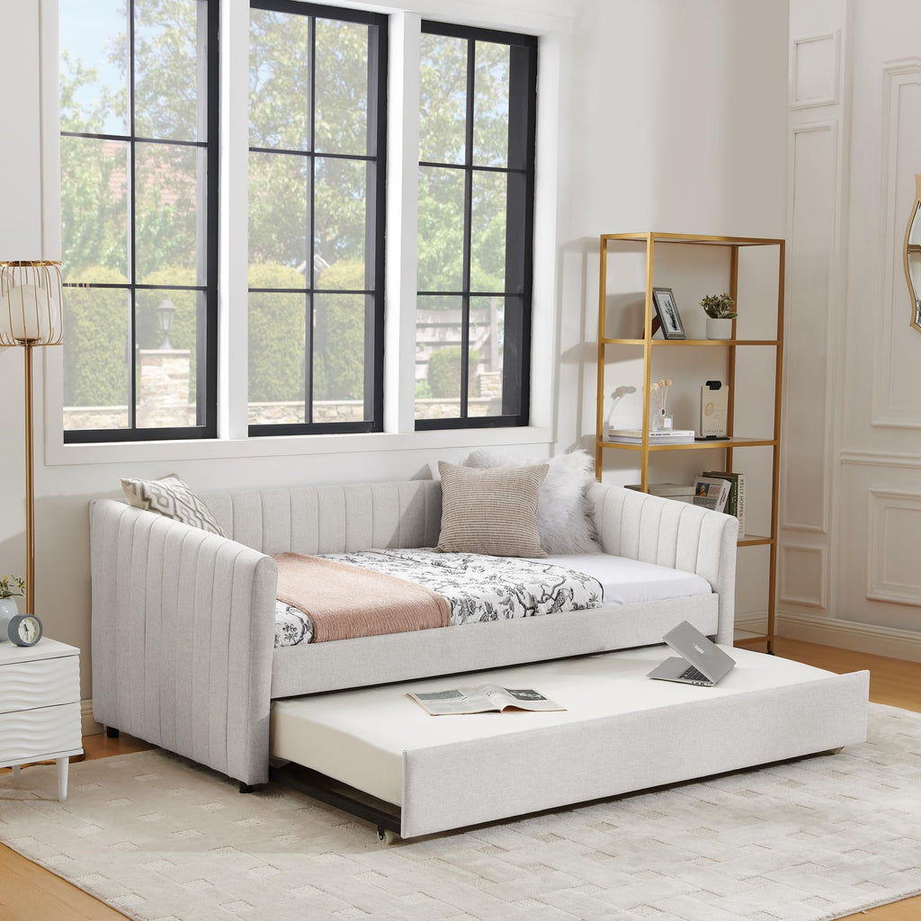 Beige Linen Twin Size Daybed with Pop Up Trundle P9678