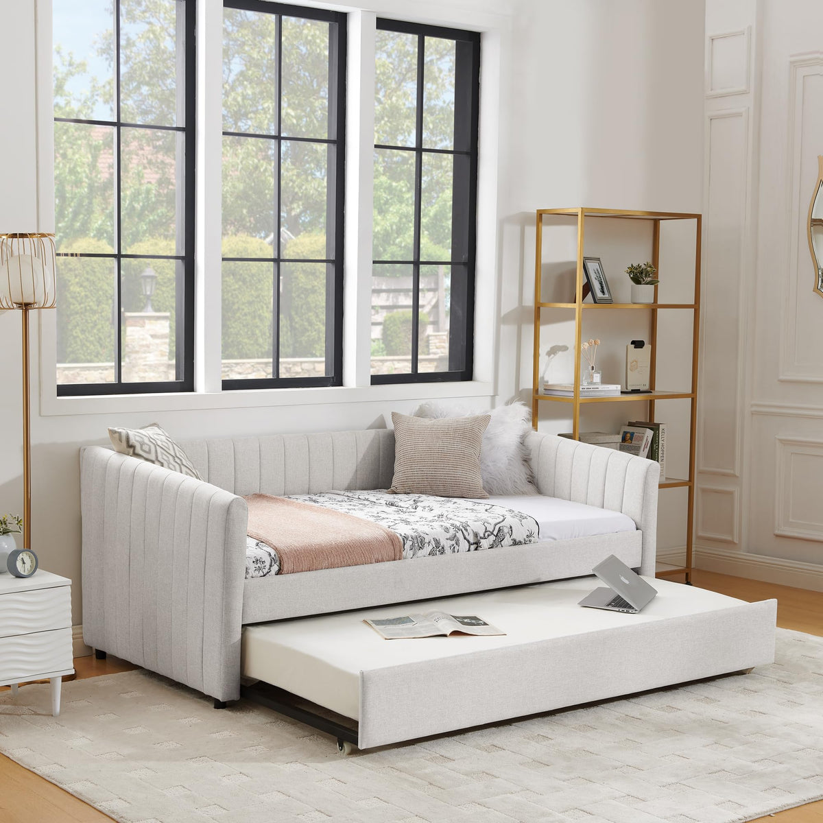 Beige Linen Twin Size Daybed with Pop Up Trundle P9678