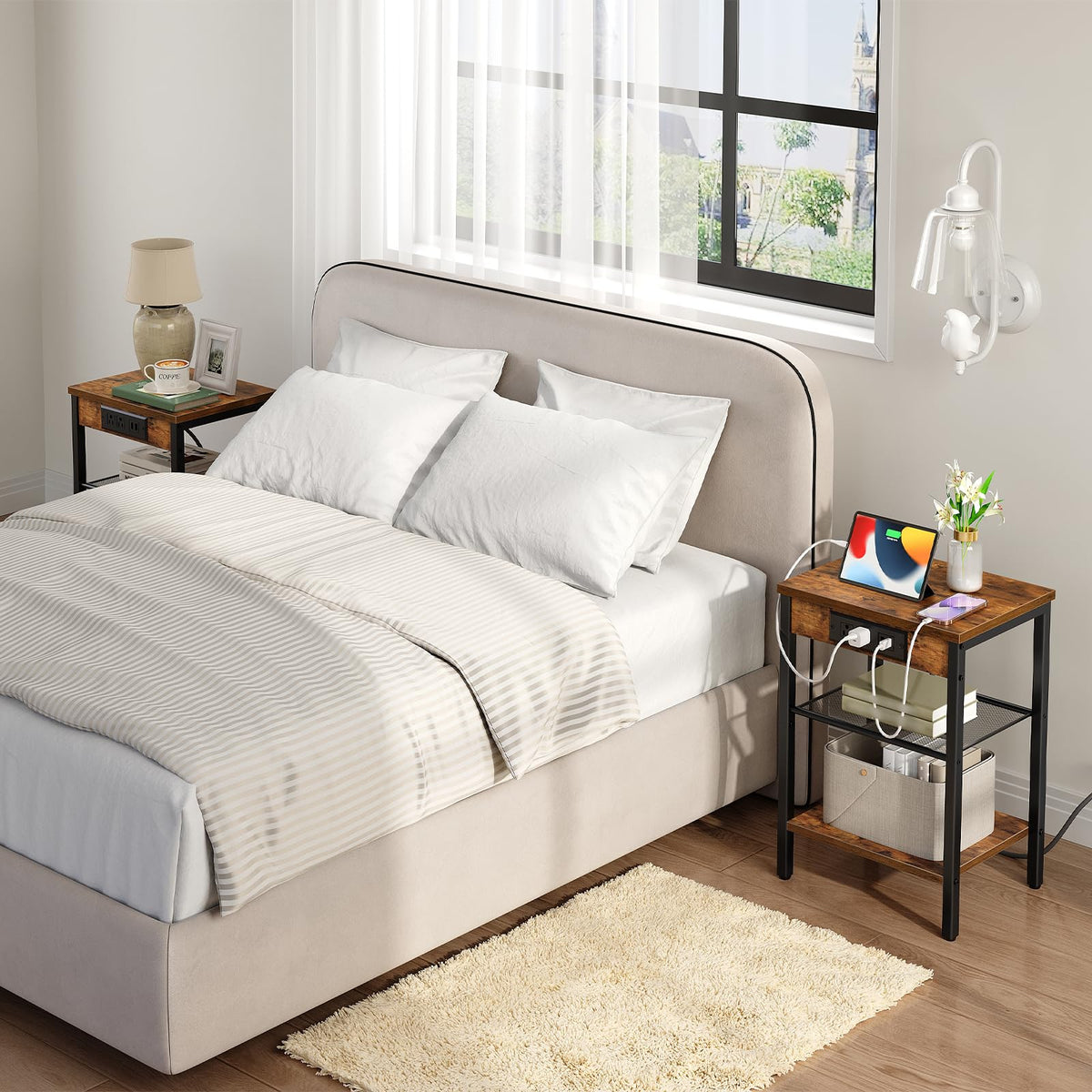 Side Table with Charging Station and USB Port, 3-Tier Nightstand with Adjustable Shelf, Rustic Brown Z11760