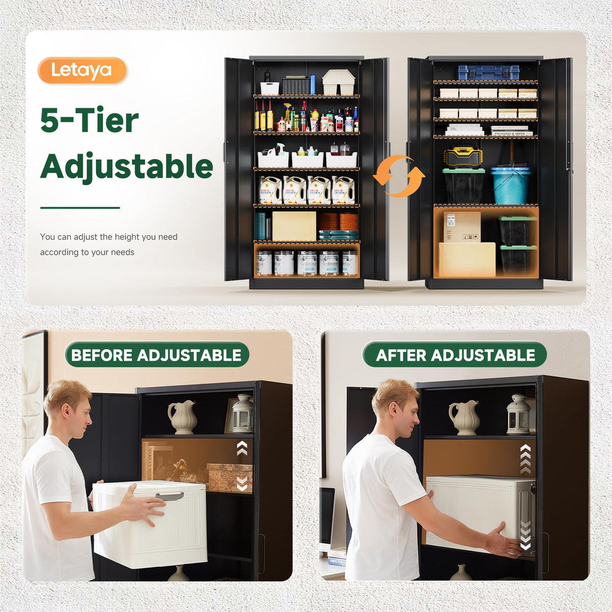 Metal Garage Storage Cabinets with Lock, 72 Tall Steel Lockers, 5 Adjustable Shelves, Black V1871