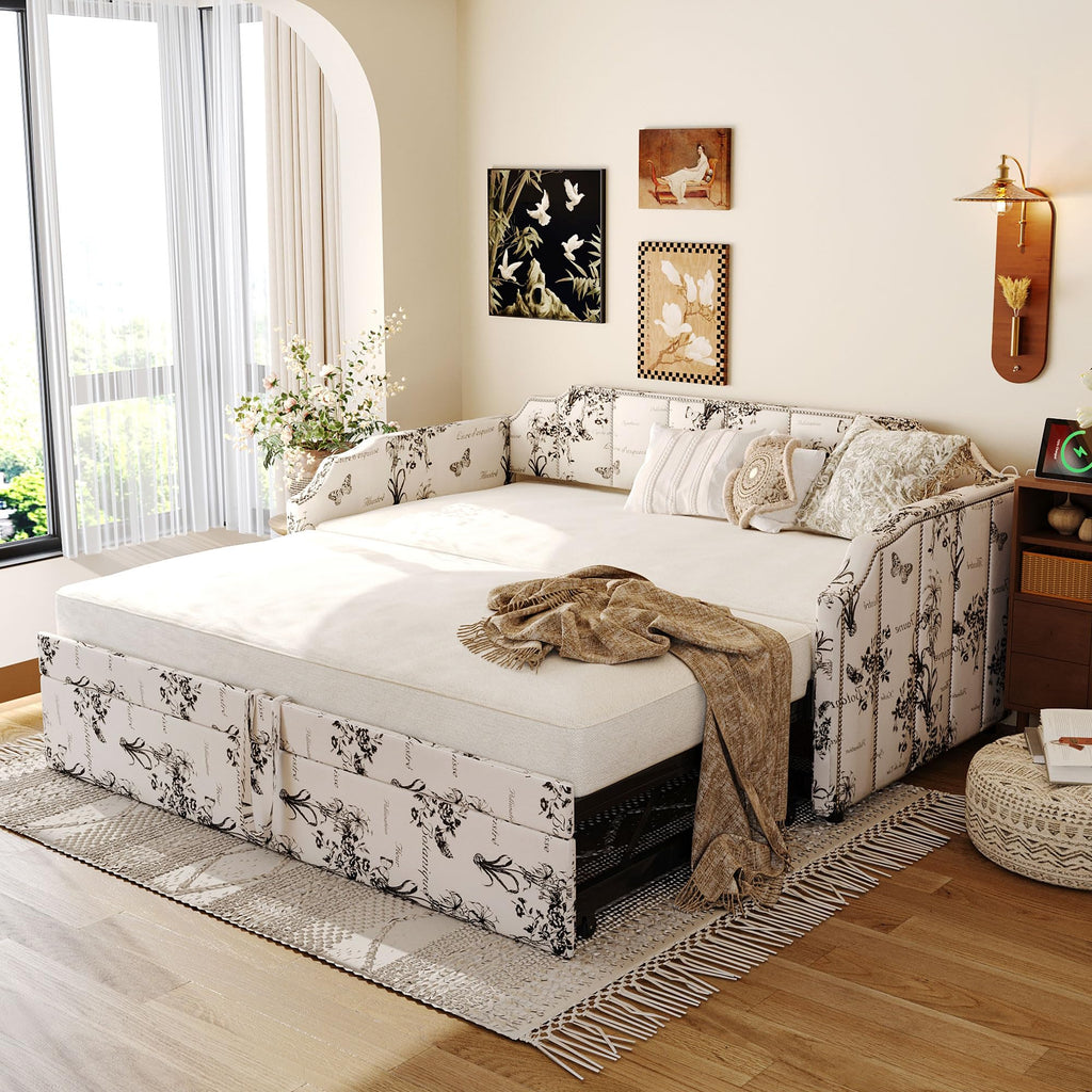 Twin Size Linen Upholstered Daybed with Trundle U948274